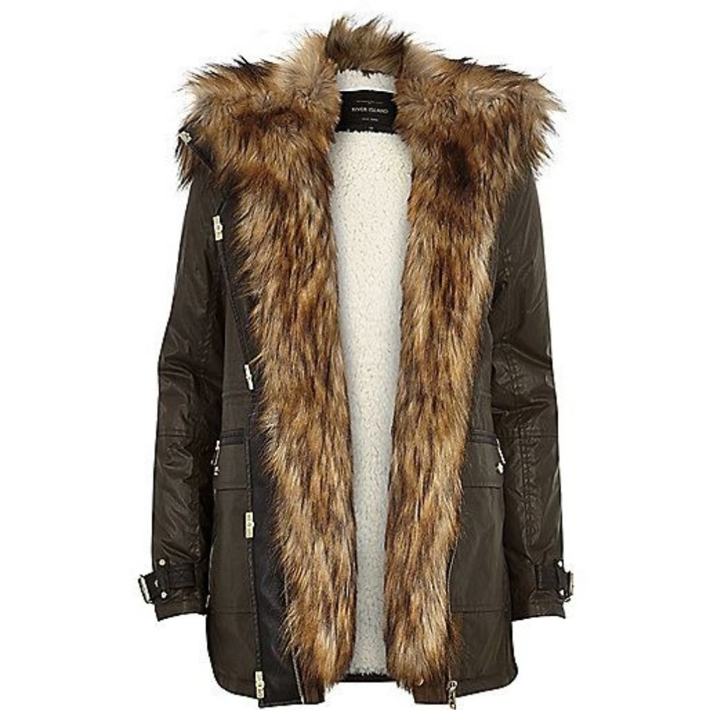 River Island Khaki Faux Fur Trim Parka Jacket